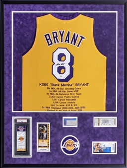 Kobe Bryant Signed and Framed to 33.5x41.5" Stat Jersey Collage With All (5) NBA Final Clinching Tickets Including Allen Iverson Signed 2001 Ticket (PSA/DNA)
